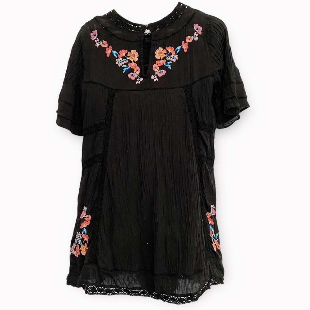 Free People Victorian Embroidered Smock Dress in Black